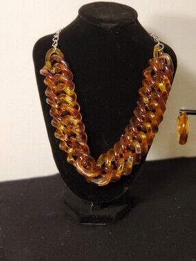 New Amber & Espresso Tortoise Shell Necklace And Matching Earrings Set